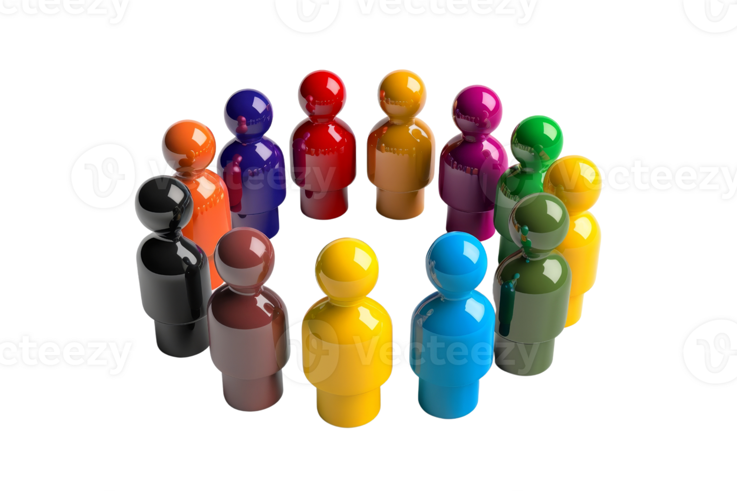 Colorful 3D figures standing in a circle representing teamwork, unity, and collaboration in a diverse group setting. png