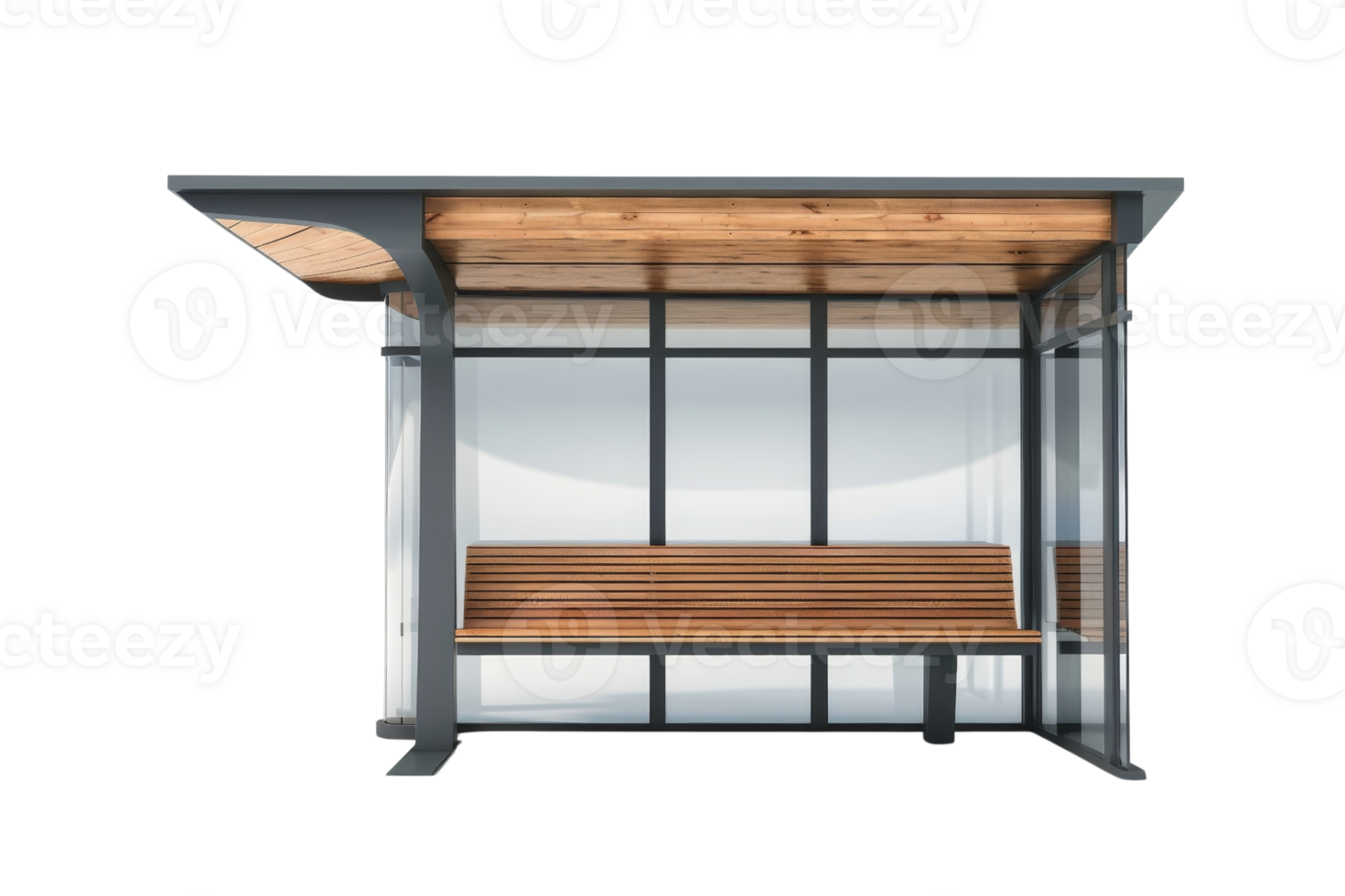 Modern bus shelter with wooden benches and glass walls, isolated on transparent background. suitable for urban and transportation themes. png