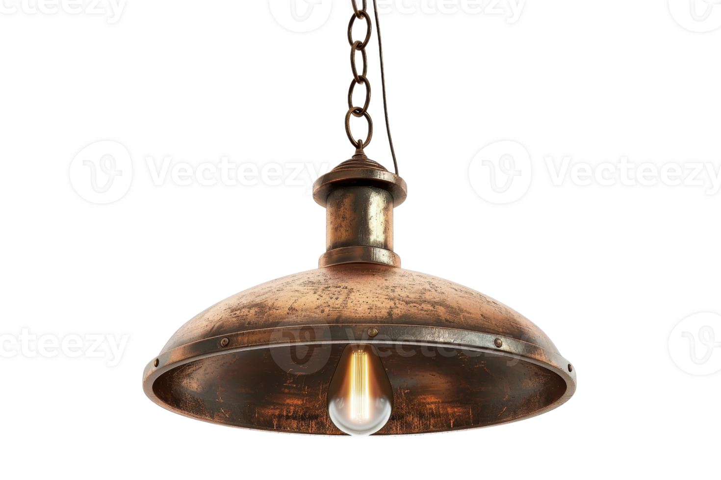 Vintage industrial-style copper pendant light fixture with exposed bulb on a chain, perfect for rustic or modern home decor. png