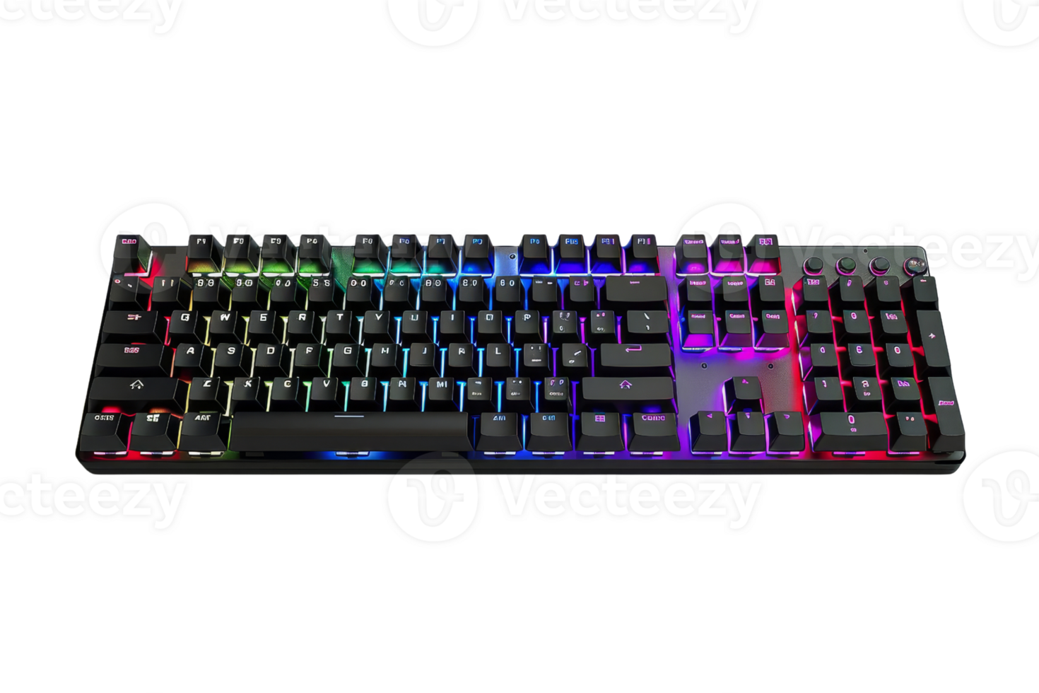 Mechanical RGB keyboard with illuminated keys, perfect for gaming and professional use. Features customizable lighting and durable design. png