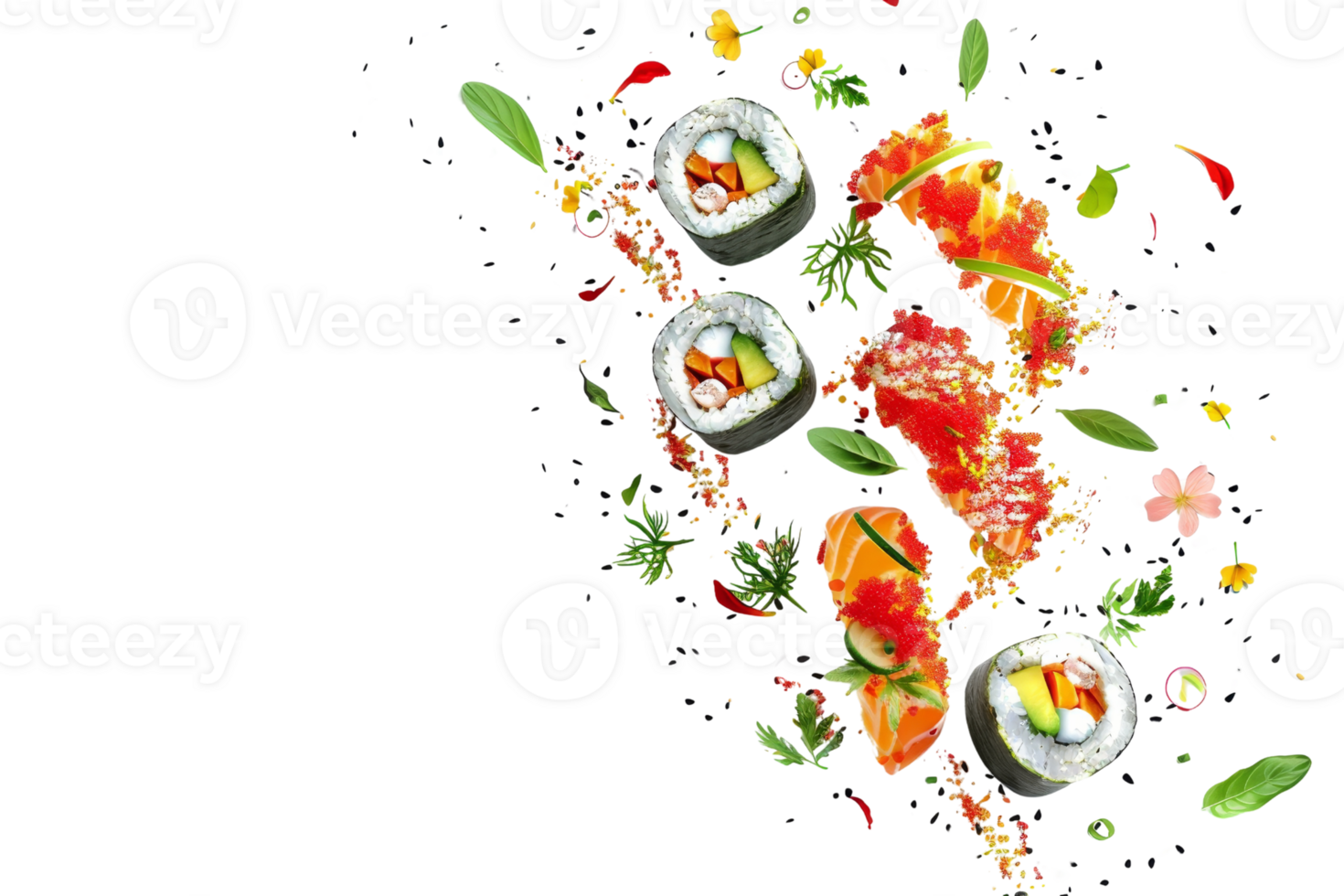 High-angle view of sushi rolls and assorted flowers on a transparent background. creating a vibrant and artistic food presentation. png