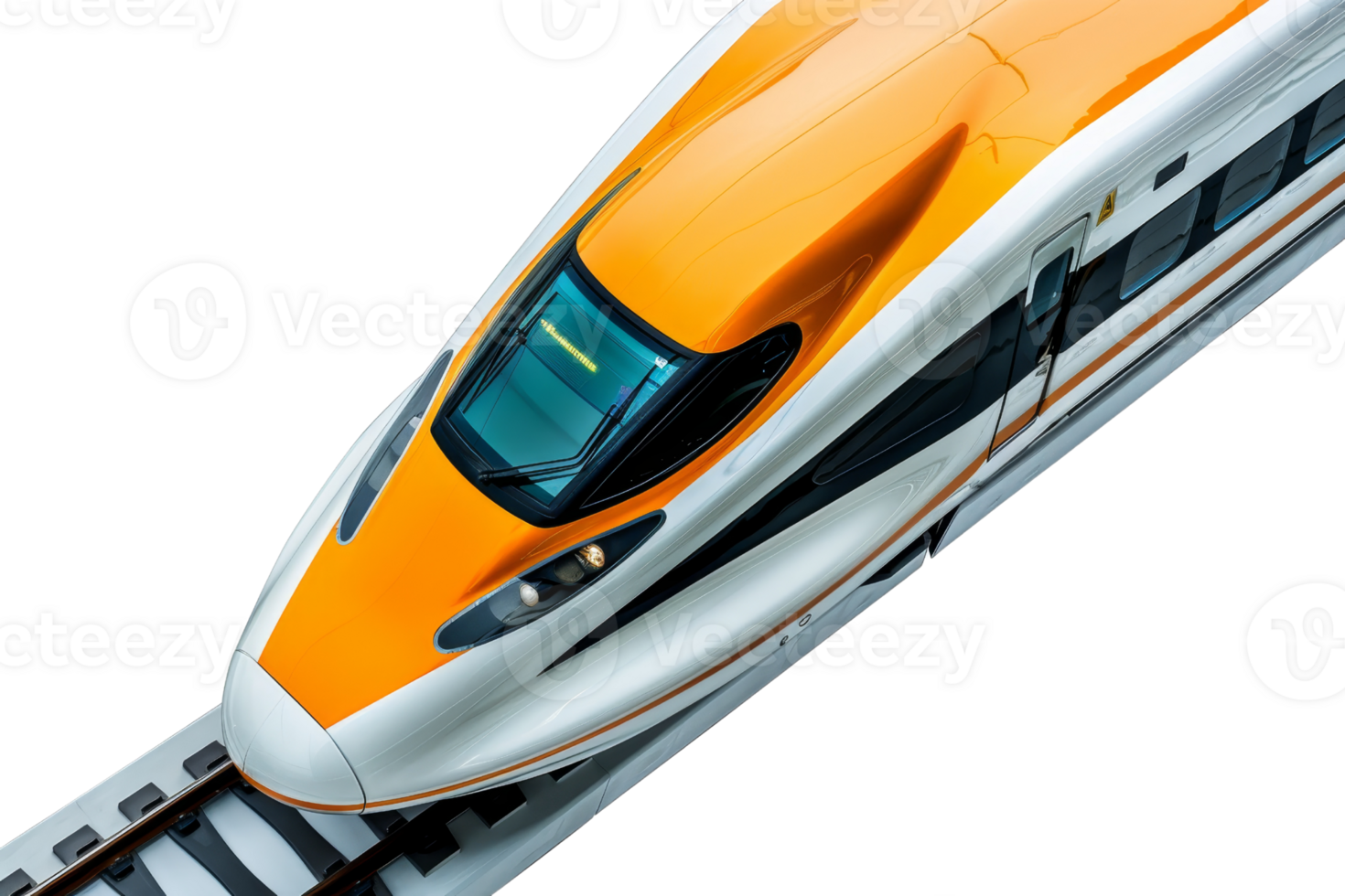 Top view of a high-speed train in motion, featuring a sleek, modern design and vibrant yellow color, symbolizing innovation in transportation. png