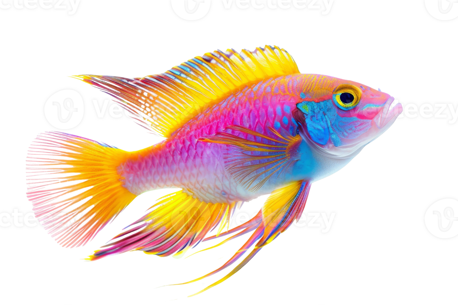 Vibrant tropical fish with colorful scales and flowing fins, isolated on transparent background. Perfect for aquatic-themed designs and concepts. png
