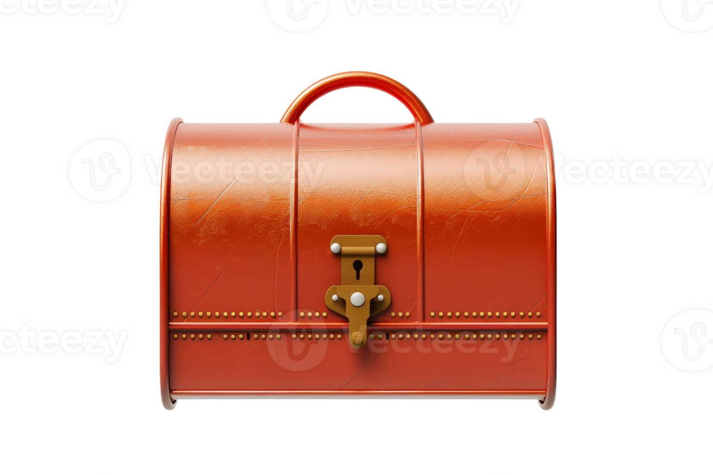 Vintage orange leather suitcase with brass lock and handle. Classic travel luggage for stylish and secure packing. Isolated on transparent background. png