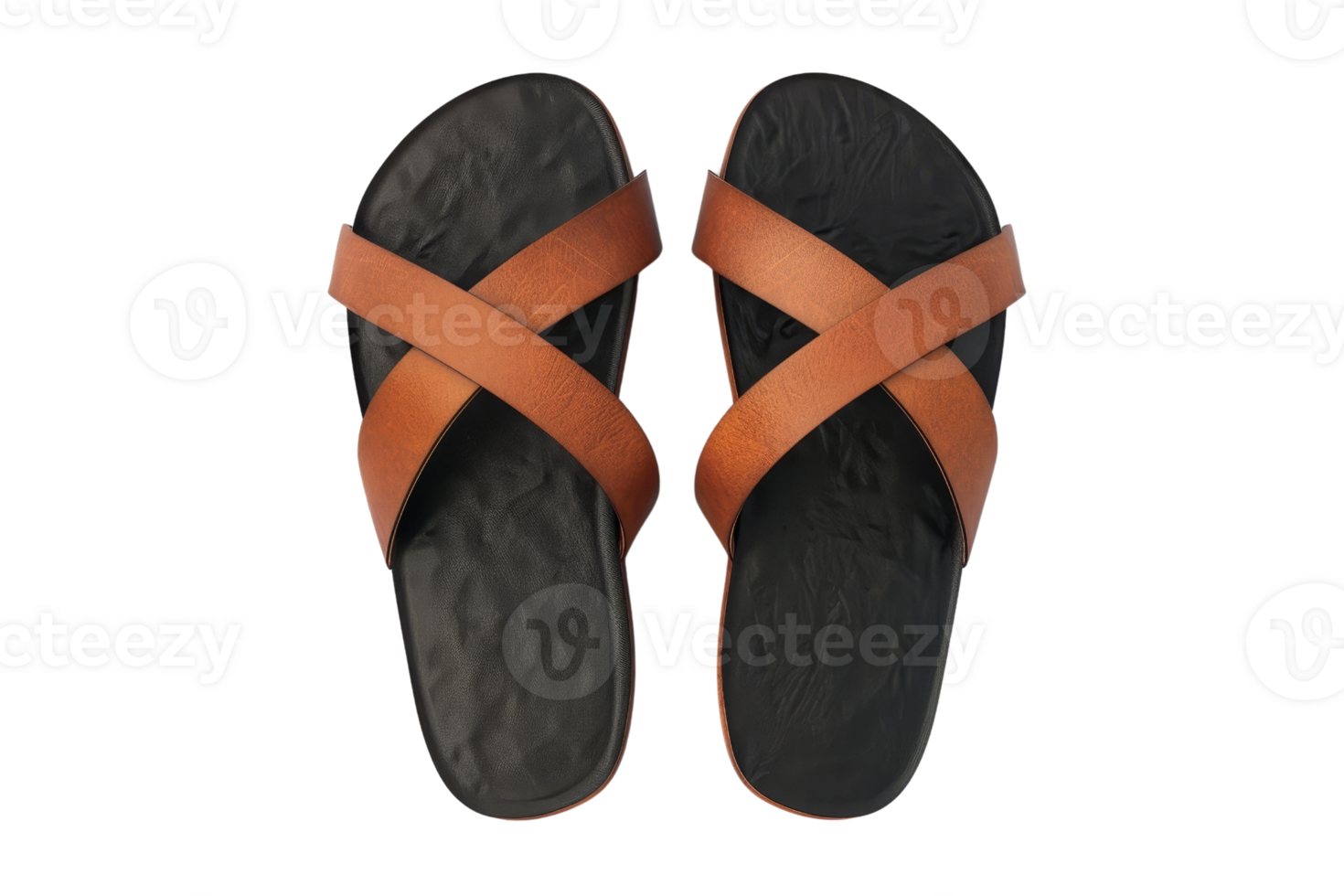 Top view of a pair of black and brown crisscross sandals isolated on transparent background. Modern and stylish footwear for summer comfort. png