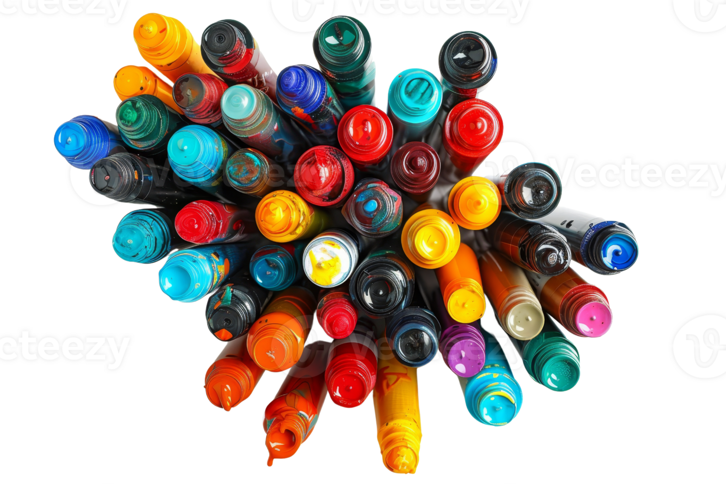 Top view of a collection of colorful markers arranged in a cluster on a transparent background. Ideal for art and stationery themes. png