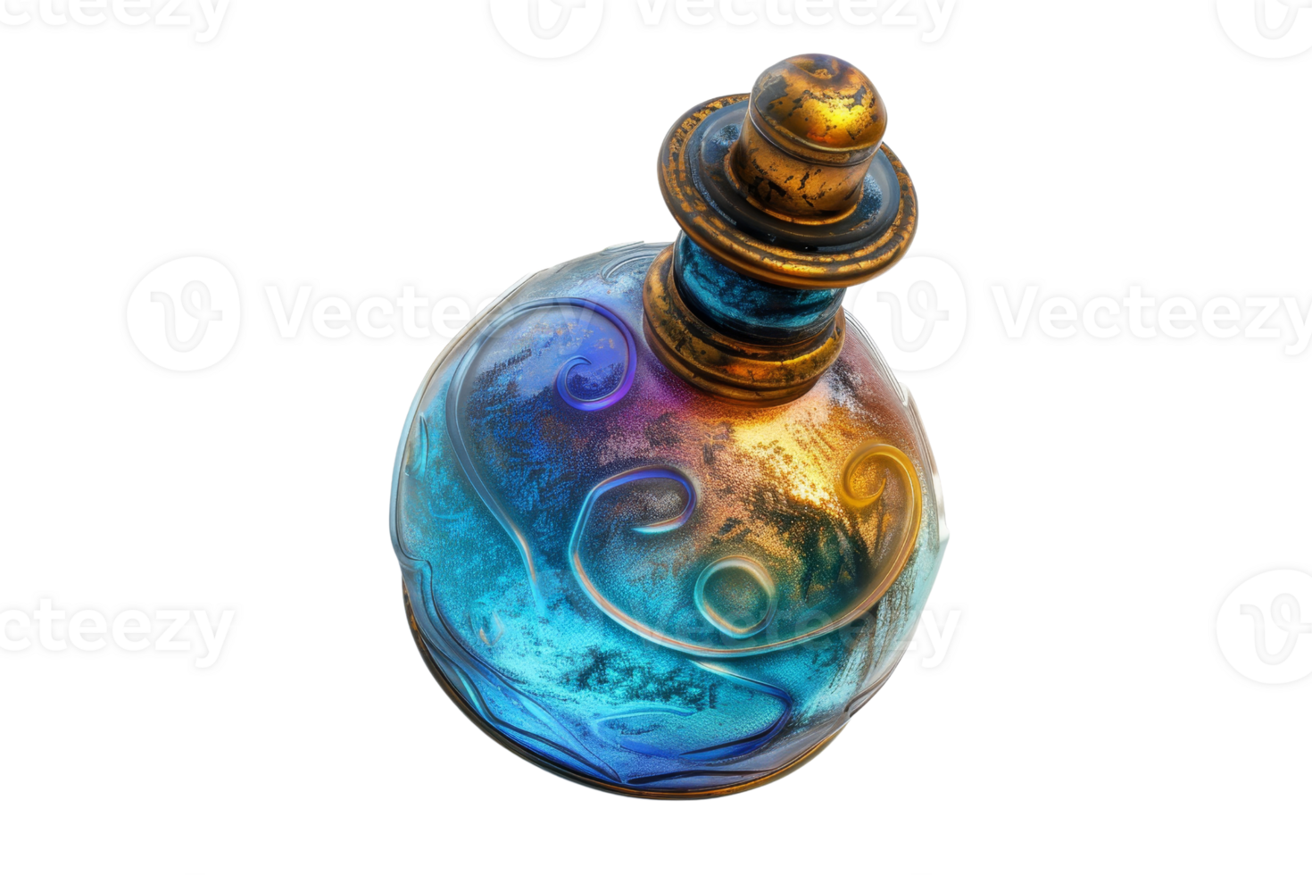 Vibrant fantasy potion bottle with intricate design, glowing with colorful swirls, perfect for magical and mystical themes. png
