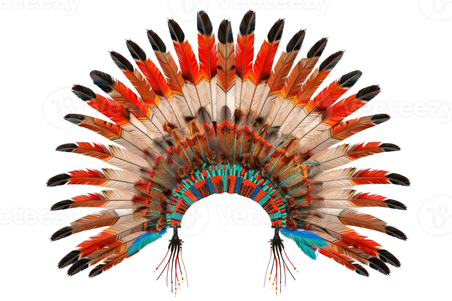 Vibrant Native American feather headdress with intricate patterns and colorful plumage, symbolizing cultural heritage and craftsmanship. png