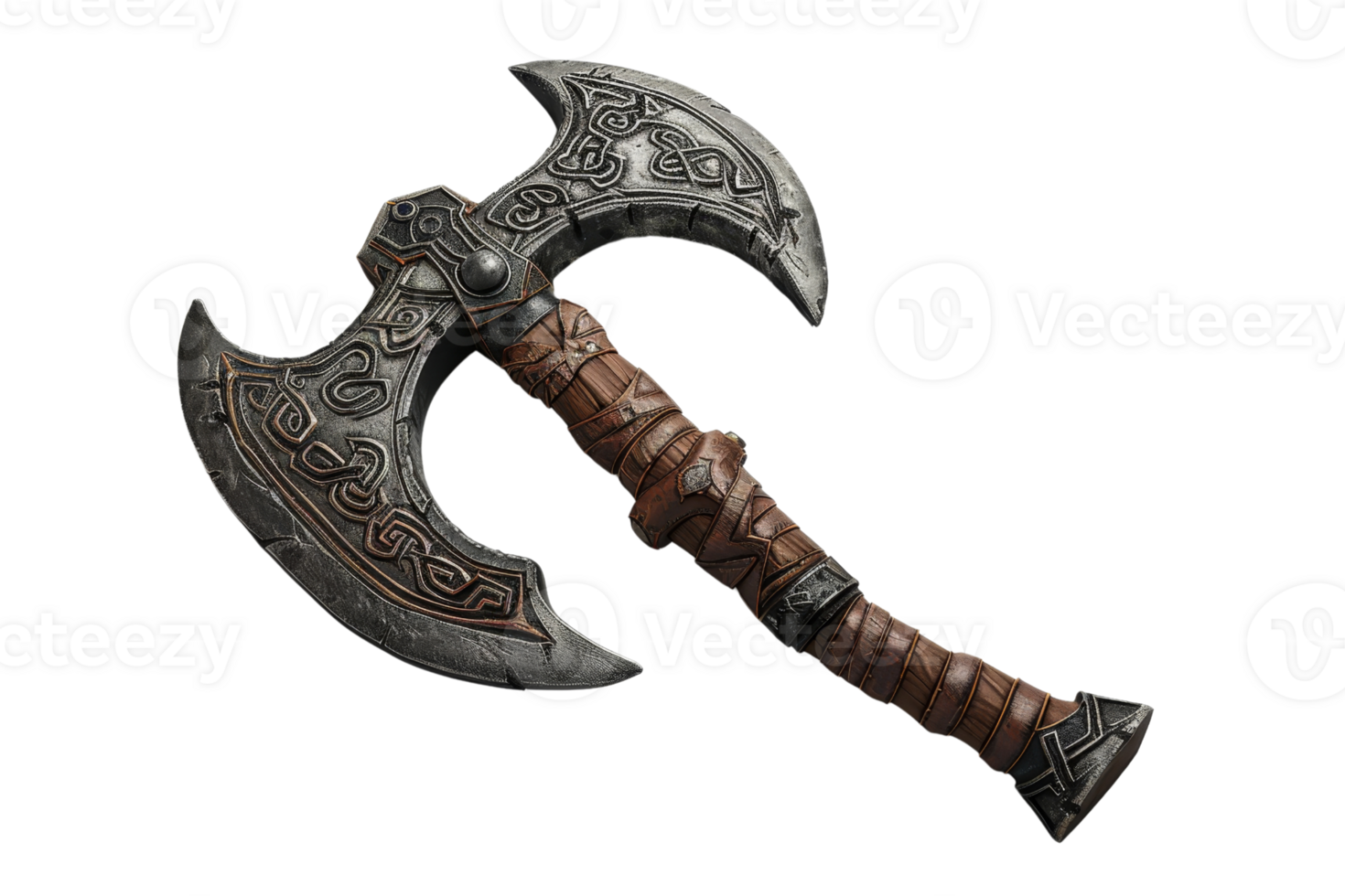 Intricately designed medieval double-sided axe with carved details and a leather-wrapped handle, perfect for fantasy or historical themes. png