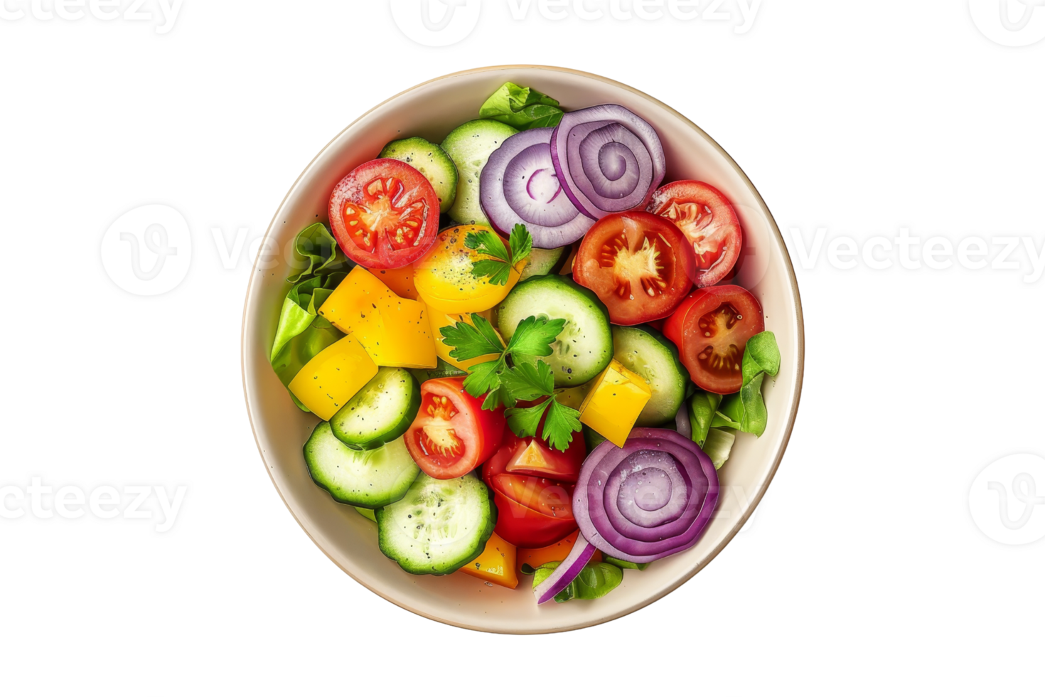 A vibrant bowl of fresh vegetable salad with tomatoes, cucumbers, bell peppers, and red onions. Perfect for a healthy and colorful meal. png