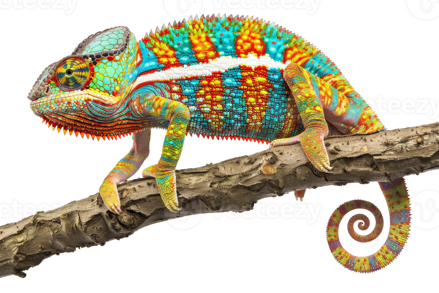 Vibrant chameleon perched on a branch displaying colorful patterns and textures in natural habitat. Perfect for nature and wildlife imagery. png