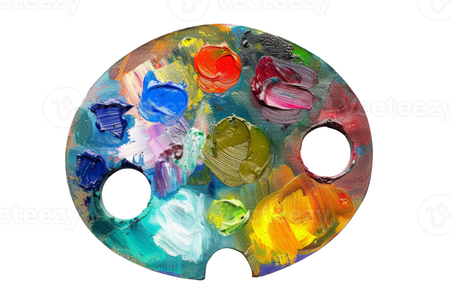 A vibrant artist palette filled with various colorful paint blobs, perfect for creative projects, design, and artistic inspiration. png