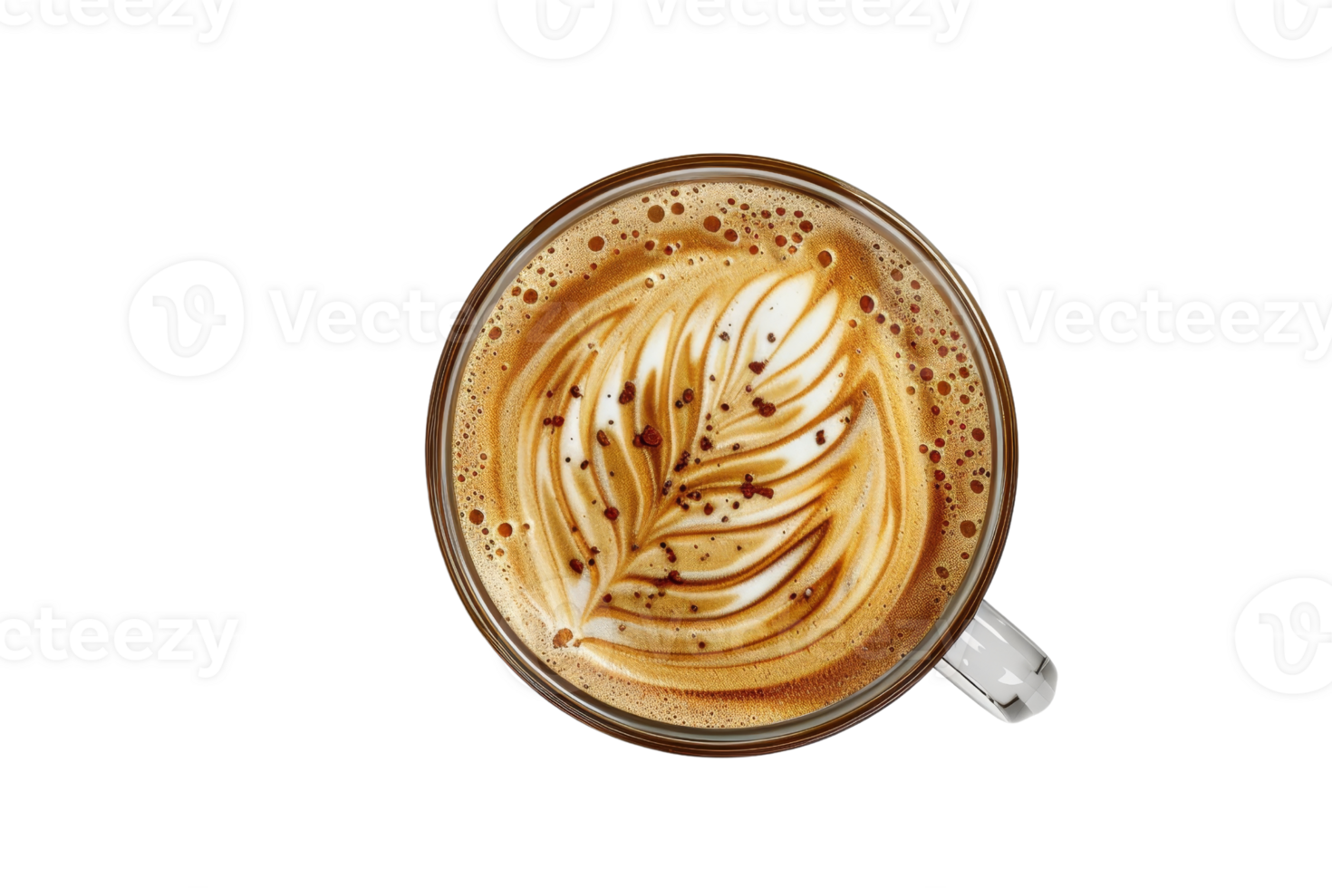 A beautifully crafted coffee with intricate latte art on a frothy surface, captured from a top-view angle in a transparent cup. png