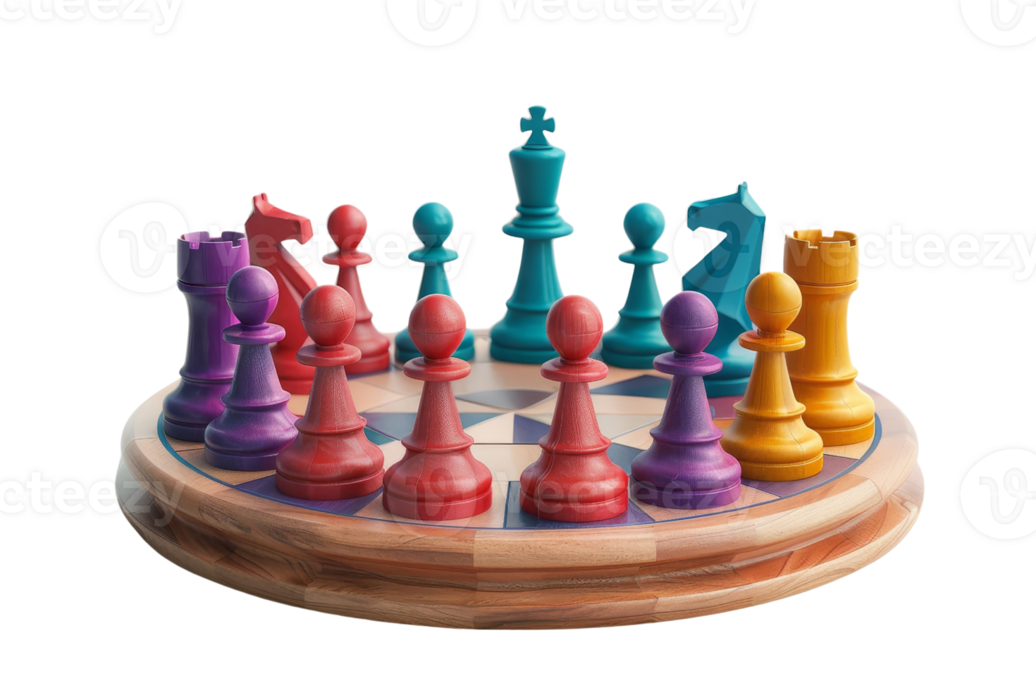 Close-up of a colorful chess set with vibrant pieces on a circular board, isolated on a transparent background. png