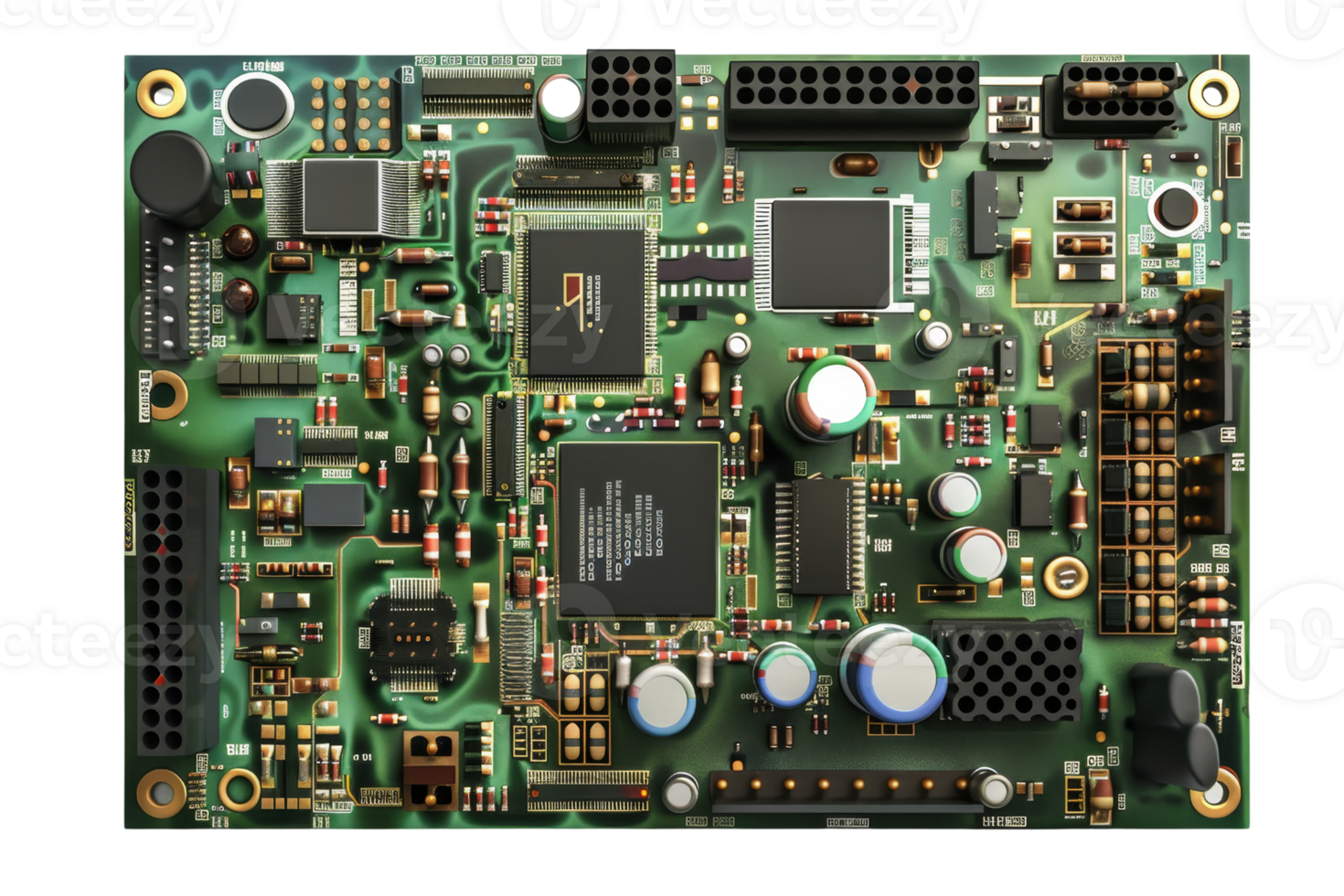 Close-up of a green printed circuit board with various components including capacitors, resistors, and integrated circuits. png