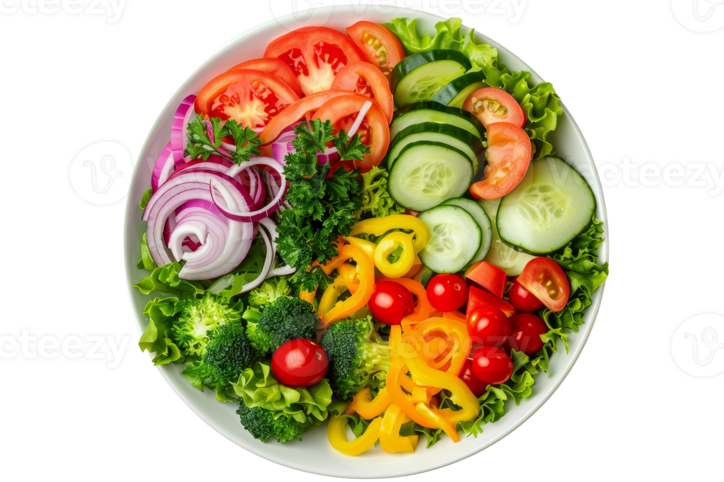 A vibrant bowl of fresh vegetables including tomatoes, cucumbers, bell peppers, red onions, broccoli, and lettuce. png