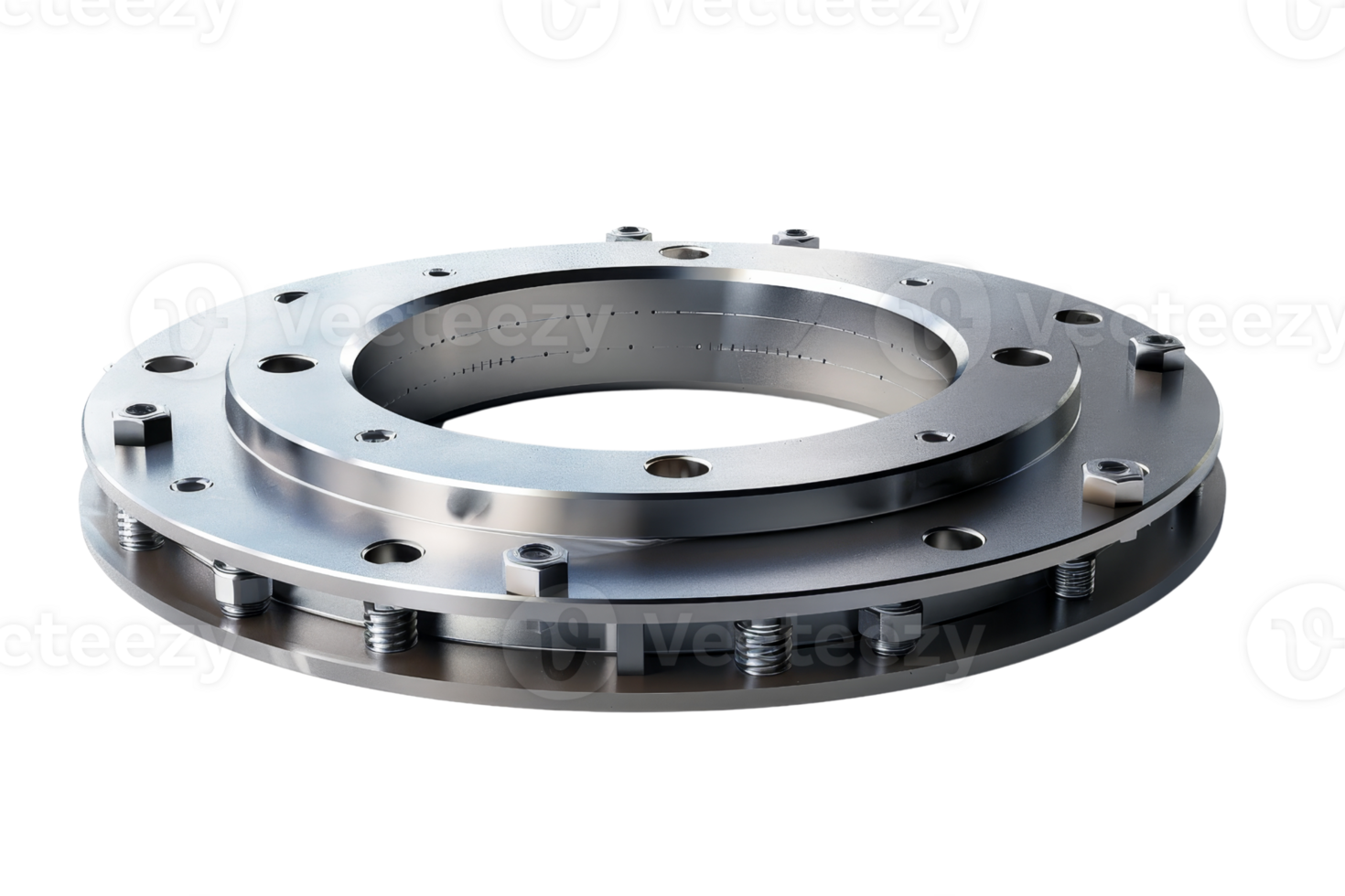 Close-up of a shiny metal industrial ring component with bolts, showcasing precision engineering and intricate design. png