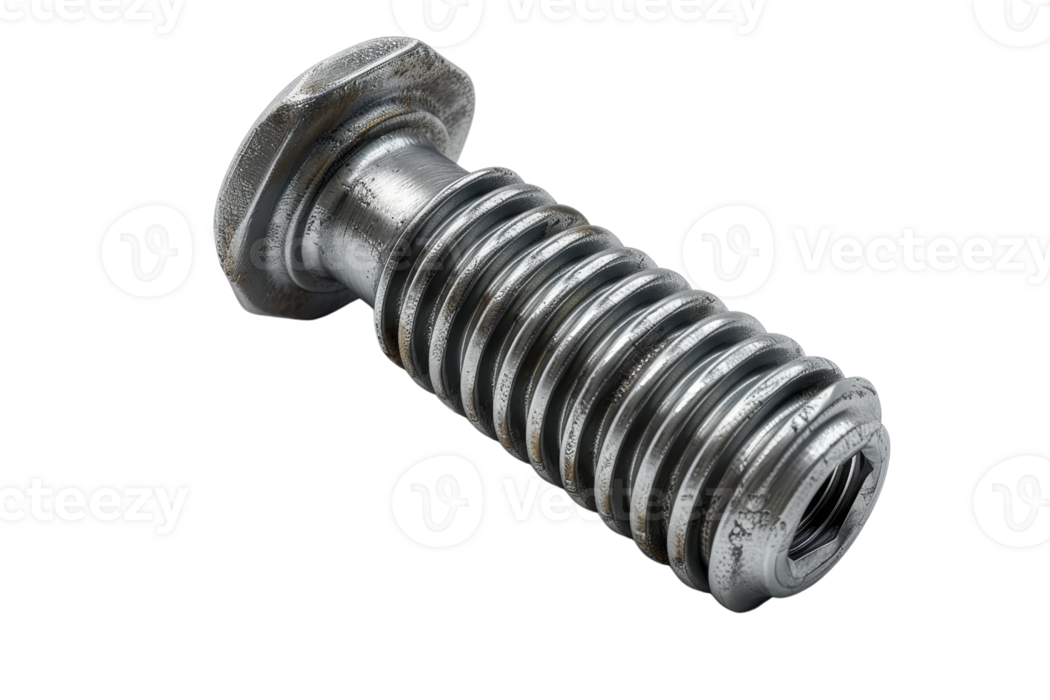 Close-up of a metallic screw, showcasing detailed threading and a shiny finish, perfect for industrial and mechanical use. png