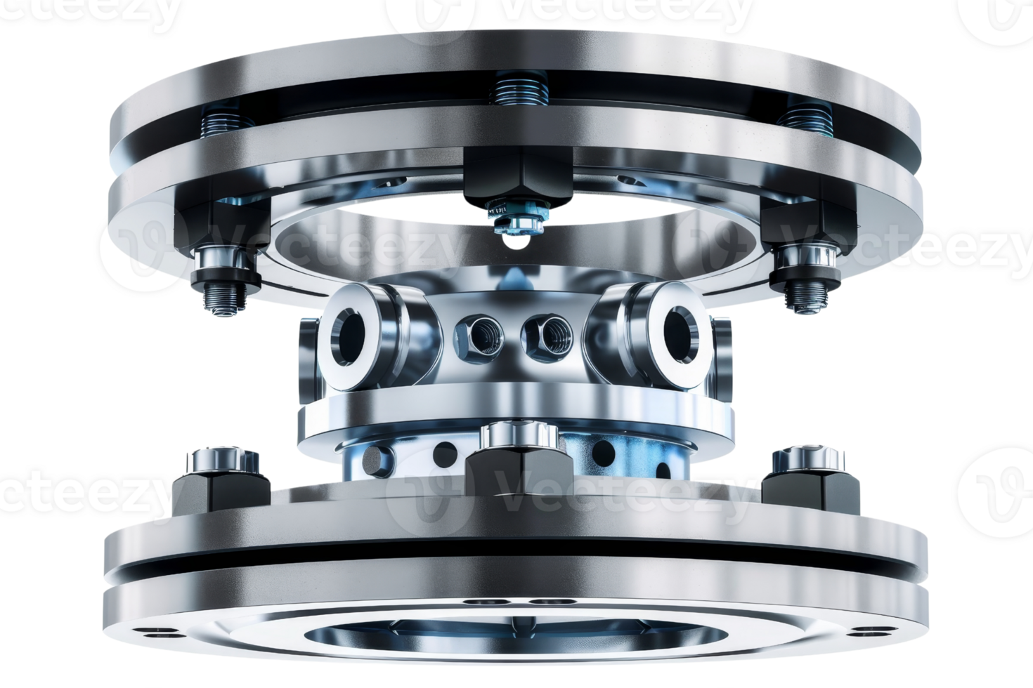 Close-up of a high-tech industrial mechanical component with shiny metal parts, showcasing engineering and precision. png