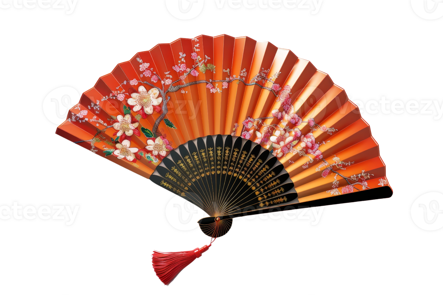 Elegant red hand fan with cherry blossom design, perfect for traditional celebrations, cultural events, and home decor. png