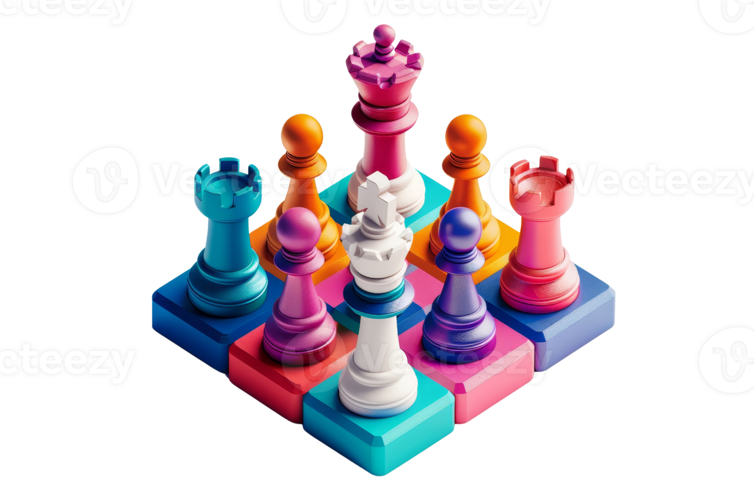 Colorful chess pieces in a creative arrangement on a geometric board, representing strategy, teamwork, and creativity. png