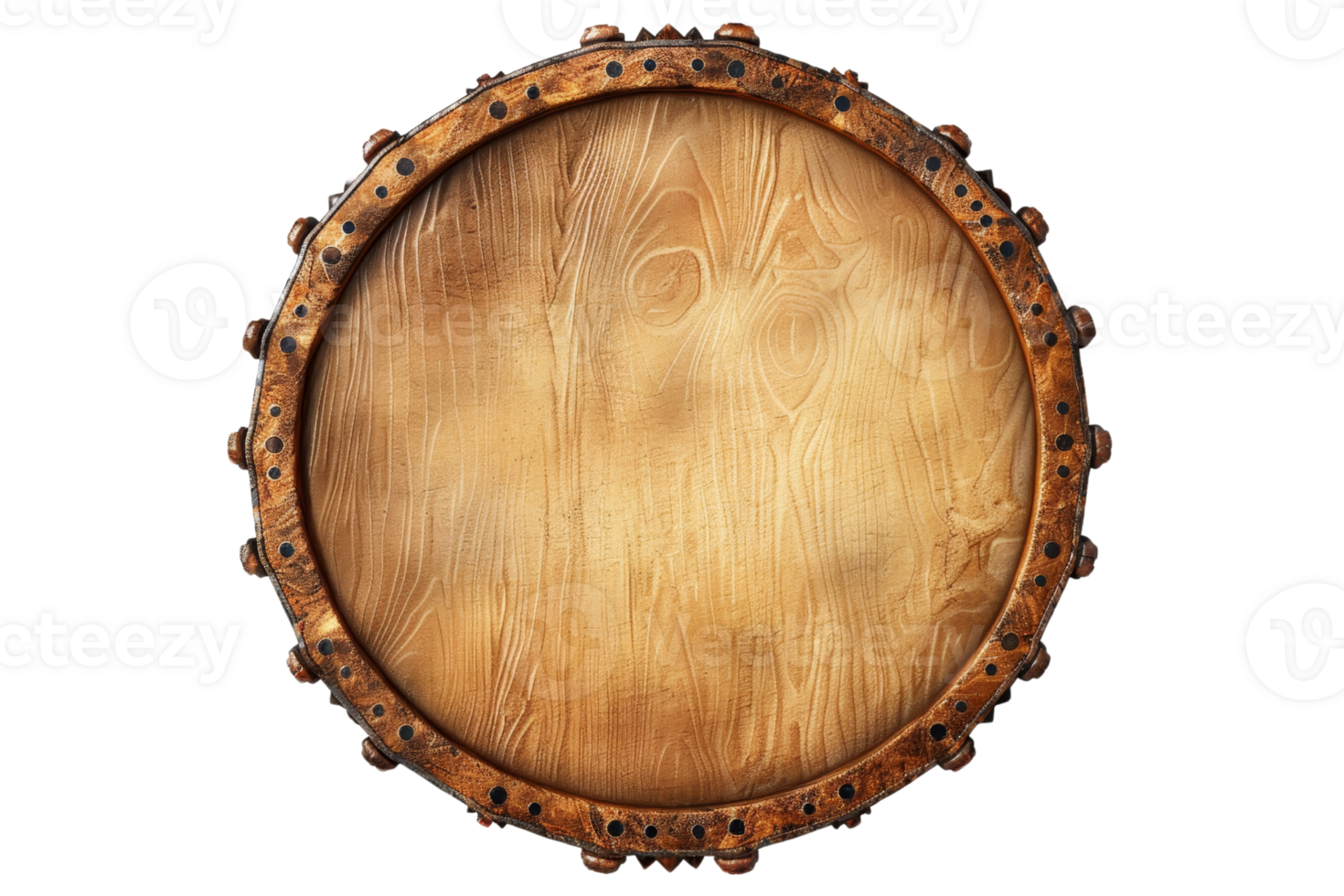 Circular wooden shield with a rustic, rugged metal rim and textured wood grain. Ideal for medieval or fantasy-themed creative projects. png