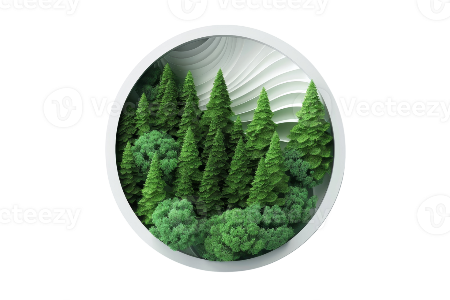 Circular decorative illustration of a forest with lush green trees and intricate paper-cut style layers, creating an artistic natural scene. png