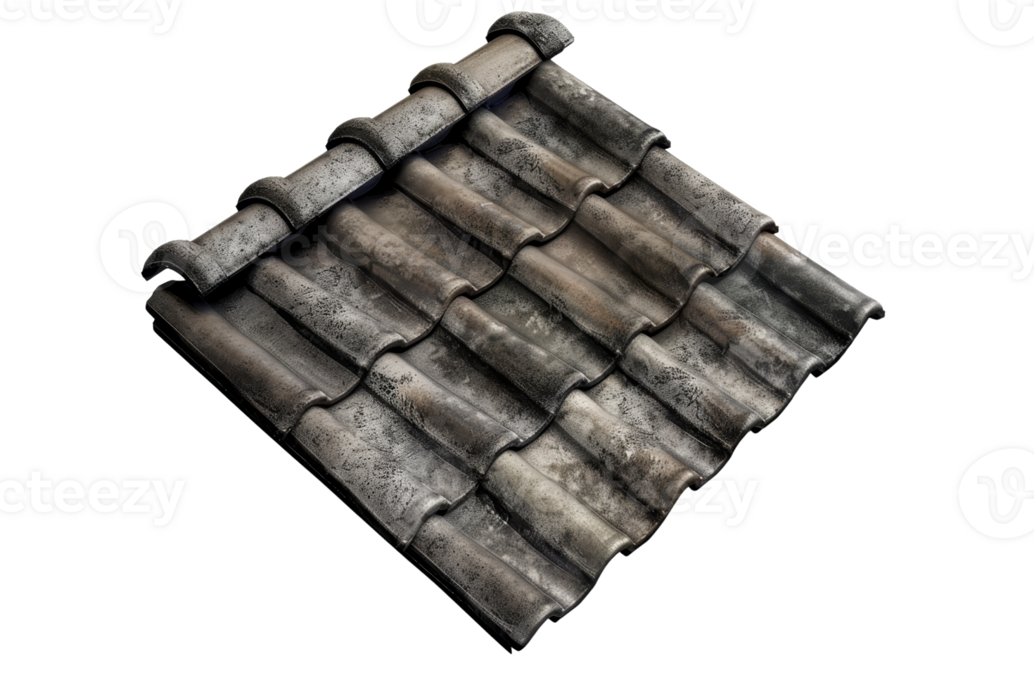 Closeup of vintage, weathered clay roof tiles showcasing the texture and detail. Ideal for backgrounds, architecture, and construction projects. png