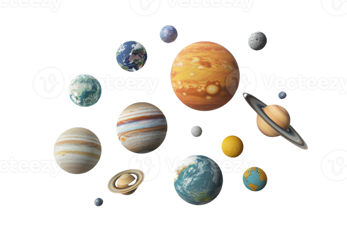 Colorful artistic illustration featuring various planets of the solar system arranged on a transparent background. png