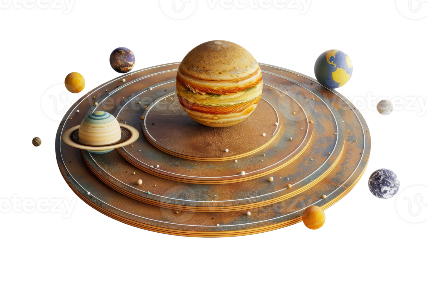 Colorful model of the solar system featuring planets orbiting around the sun on a wooden circular base, highlighting planetary positions. png