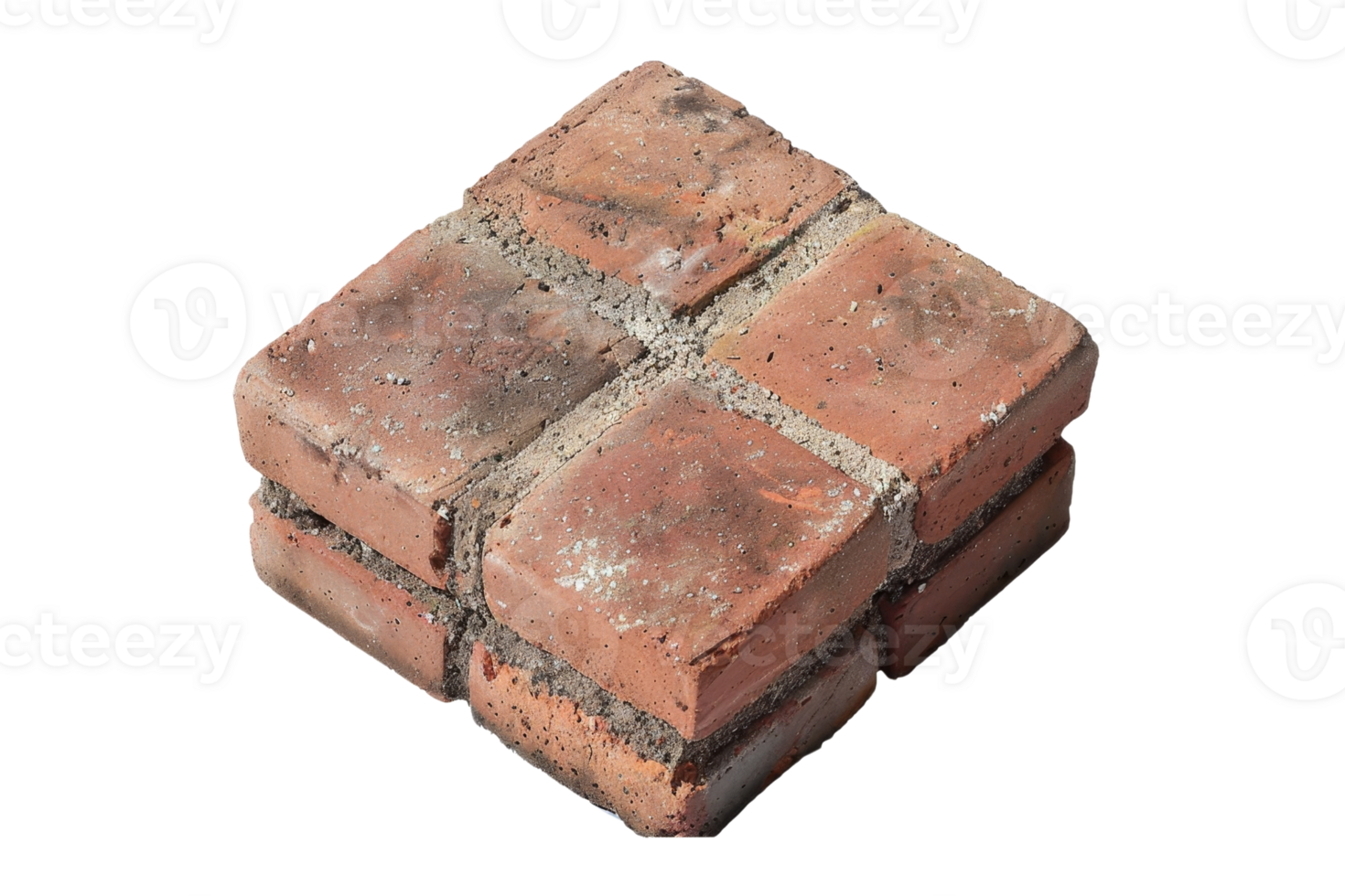Close-up of weathered red bricks arranged in a square formation, isolated on a transparent background. Perfect for construction and architectural concepts. png