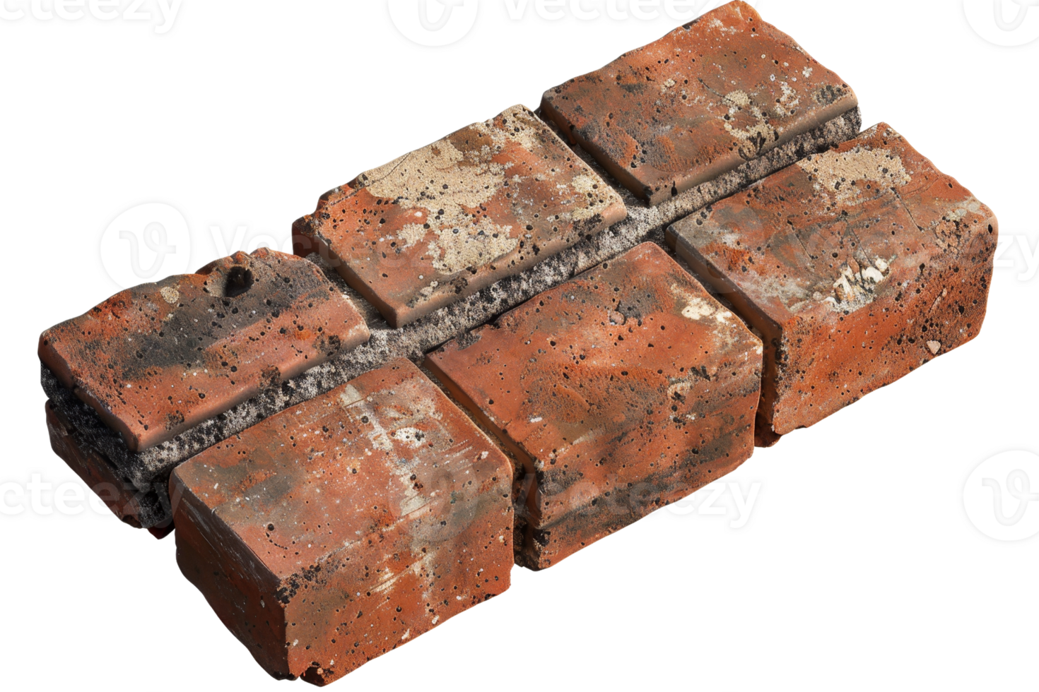 Close-up of six old, weathered red bricks arranged in two rows, showing texture and wear, isolated on a transparent background. png