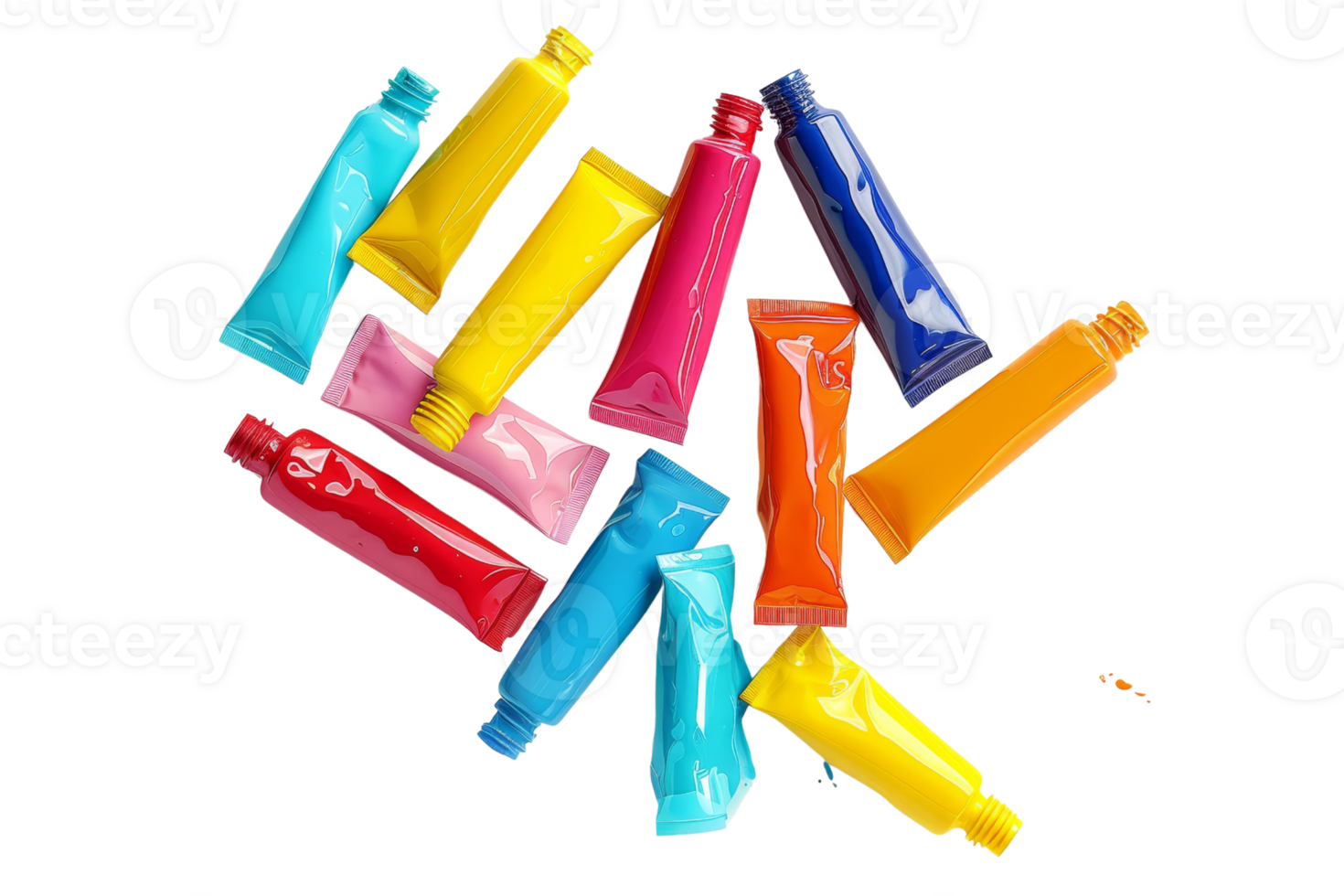 Colorful tubes of paint scattered on a transparent background. Perfect for art, creativity, and educational projects. png