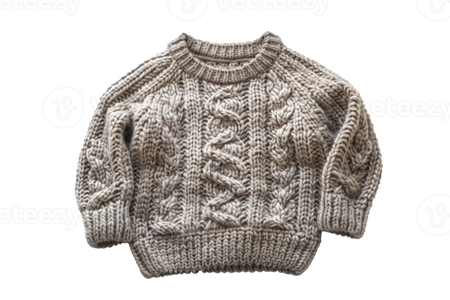Cozy knitted baby sweater in beige color with intricate cable patterns. Perfect for keeping little ones warm and stylish during cold seasons. png