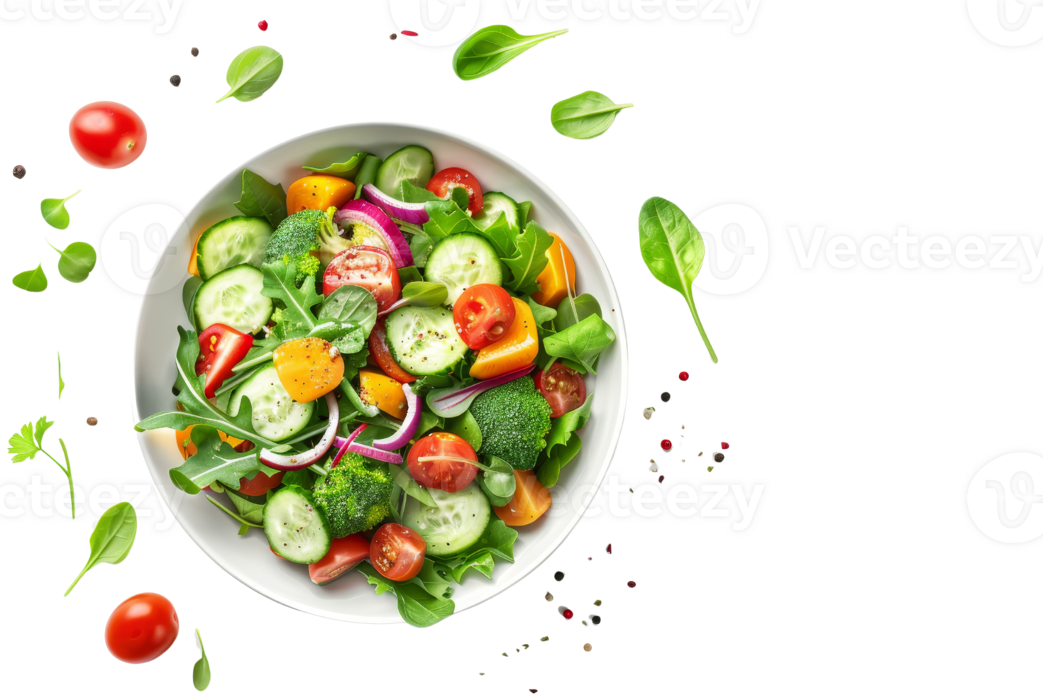 Fresh vegetable salad with tomatoes, cucumbers, onions, and greens in a white bowl on a transparent background. Healthy and nutritious meal. png