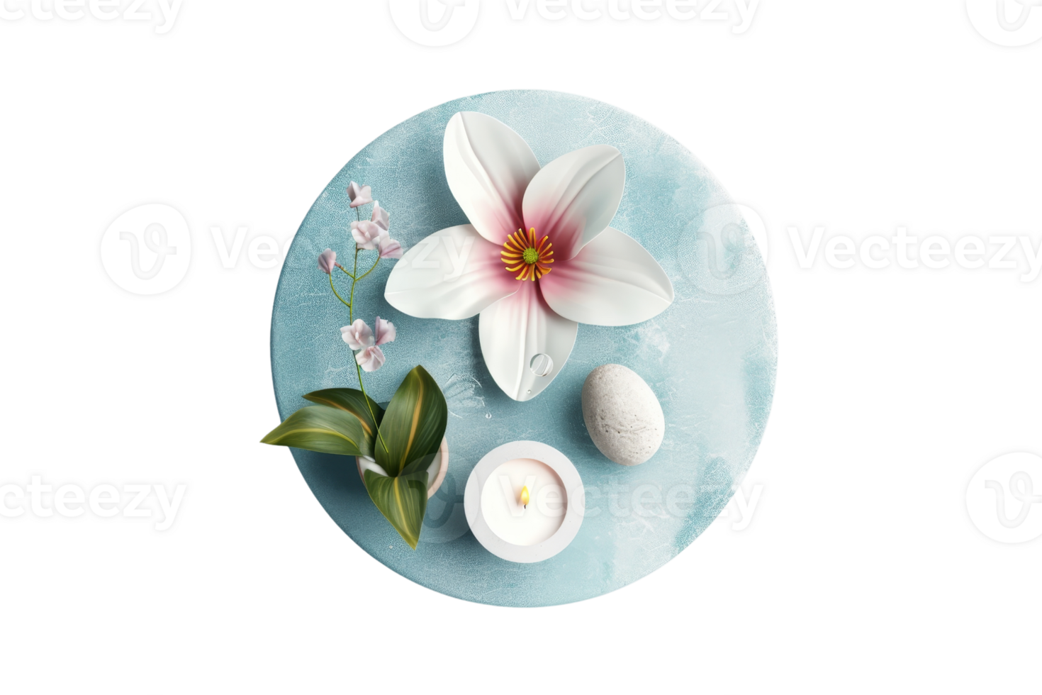 Elegant spa arrangement with a white flower, candle, leaf, and pebble on a light blue background, perfect for wellness concepts. png