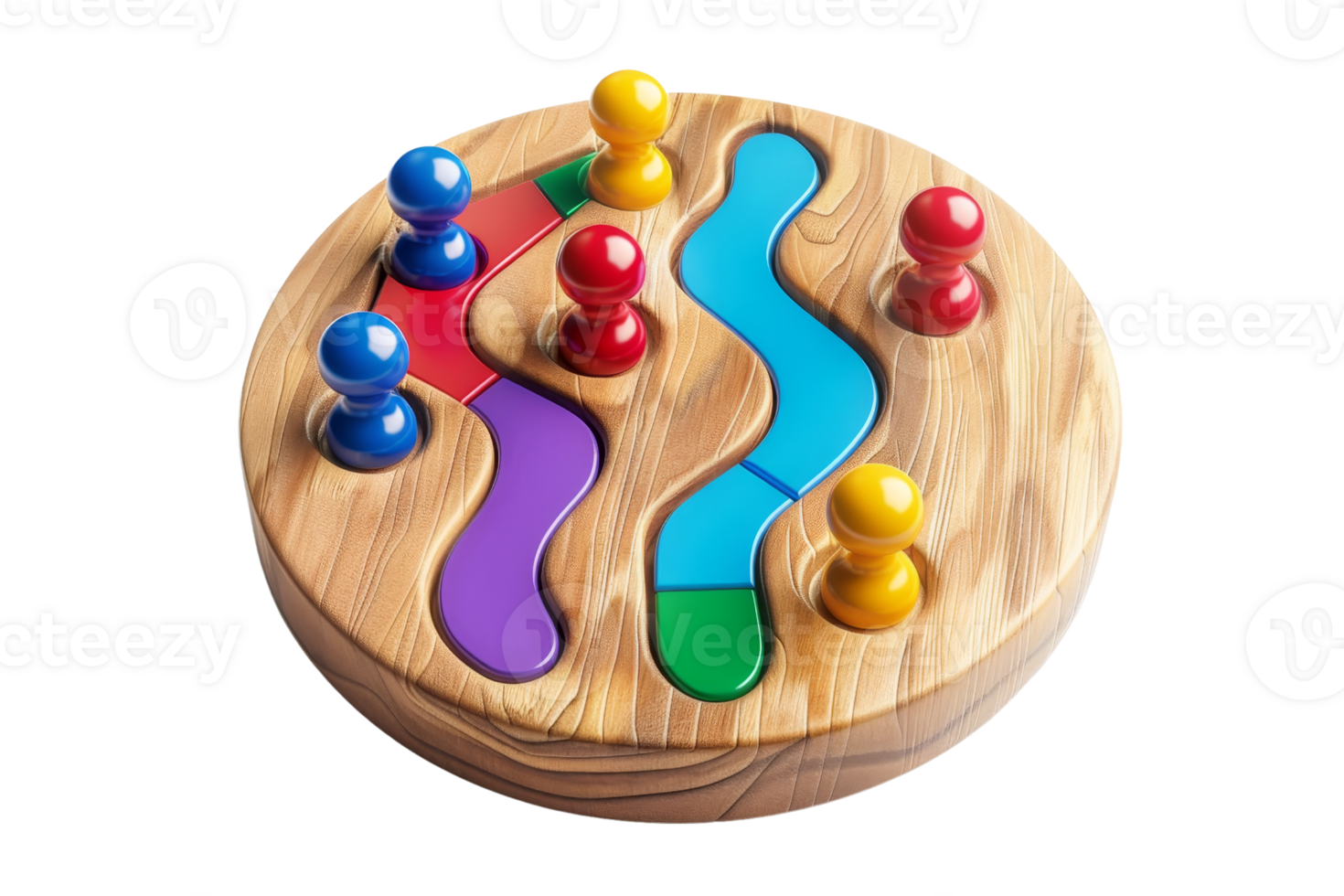Colorful wooden puzzle toy featuring vibrant pieces and a natural wood base. Ideal for children's educational play and cognitive development. png