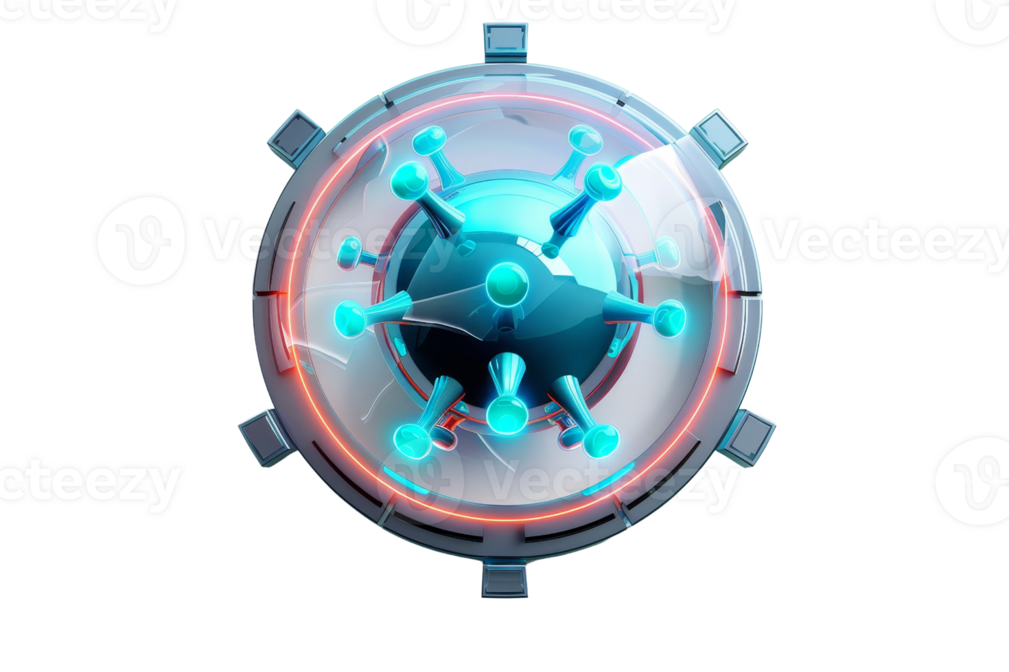 Futuristic illustration of a virus molecule within a shield representing protection and security in a digital or biological context. png