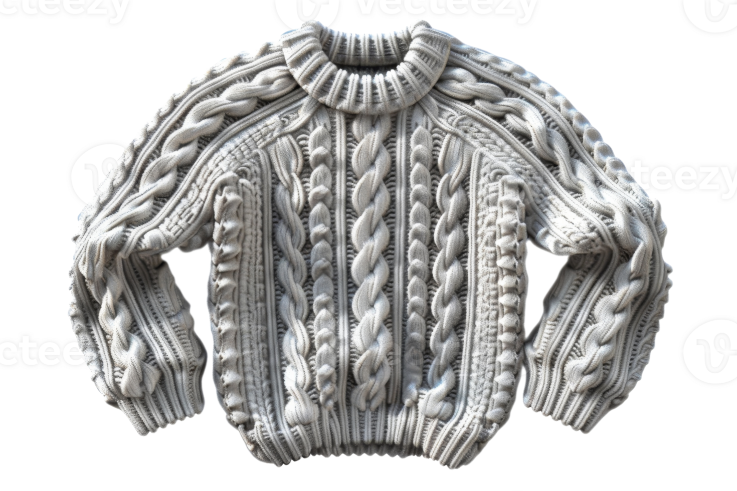 Cozy chunky knit sweater in a neutral hue with intricate cable patterns, perfect for a warm and stylish layering piece in chilly weather. png