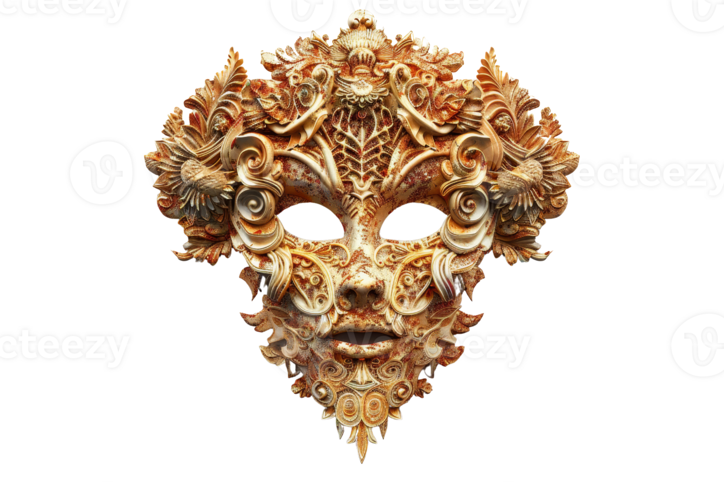 Ornate, intricately designed Venetian mask with gold and bronze hues, featuring elaborate patterns and floral motifs, perfect for masquerade events. png