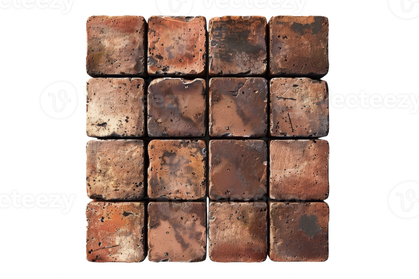 Old, weathered brick tiles arranged in a square pattern, showing aged texture and varying shades of brown, perfect for backgrounds or designs. png