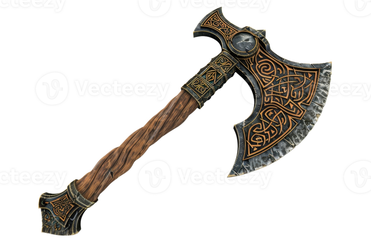 Intricately designed medieval-style battle axe with ornate carvings and a wooden handle, perfect for historical reenactments or fantasy themes. png