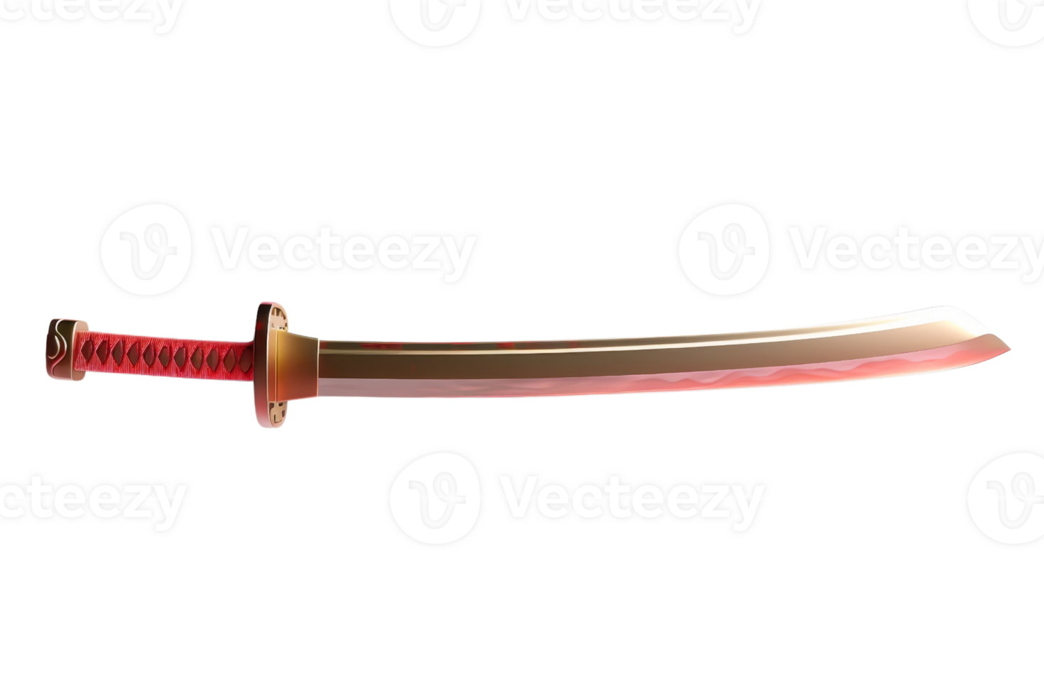 A high-quality image of a traditional Japanese katana sword with a detailed red handle and sharp blade, isolated on a transparent background. png