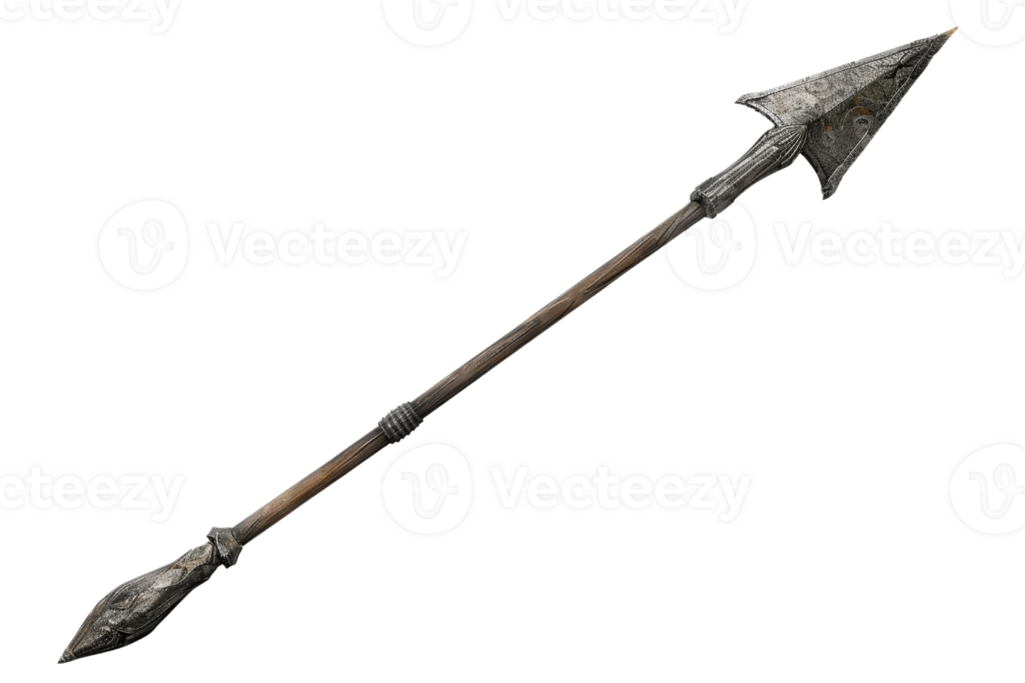 Ancient stone arrow with a wooden shaft, showcasing primitive craftsmanship isolated on transparent background. png