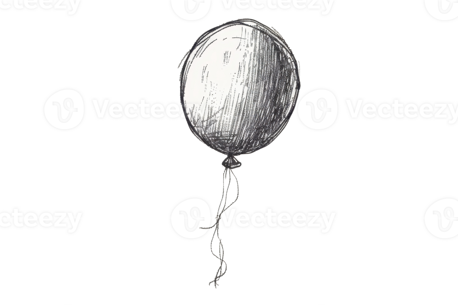 Hand-drawn monochrome illustration of a single balloon with a string, perfect for art and design projects, invitations, or decoration. png