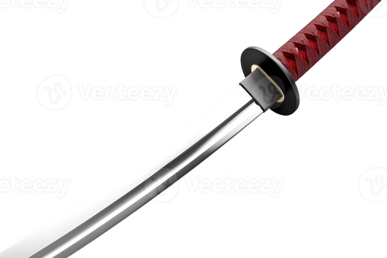 Close-up of a traditional Japanese katana sword with a sharp blade and red handle, isolated on a transparent background. png