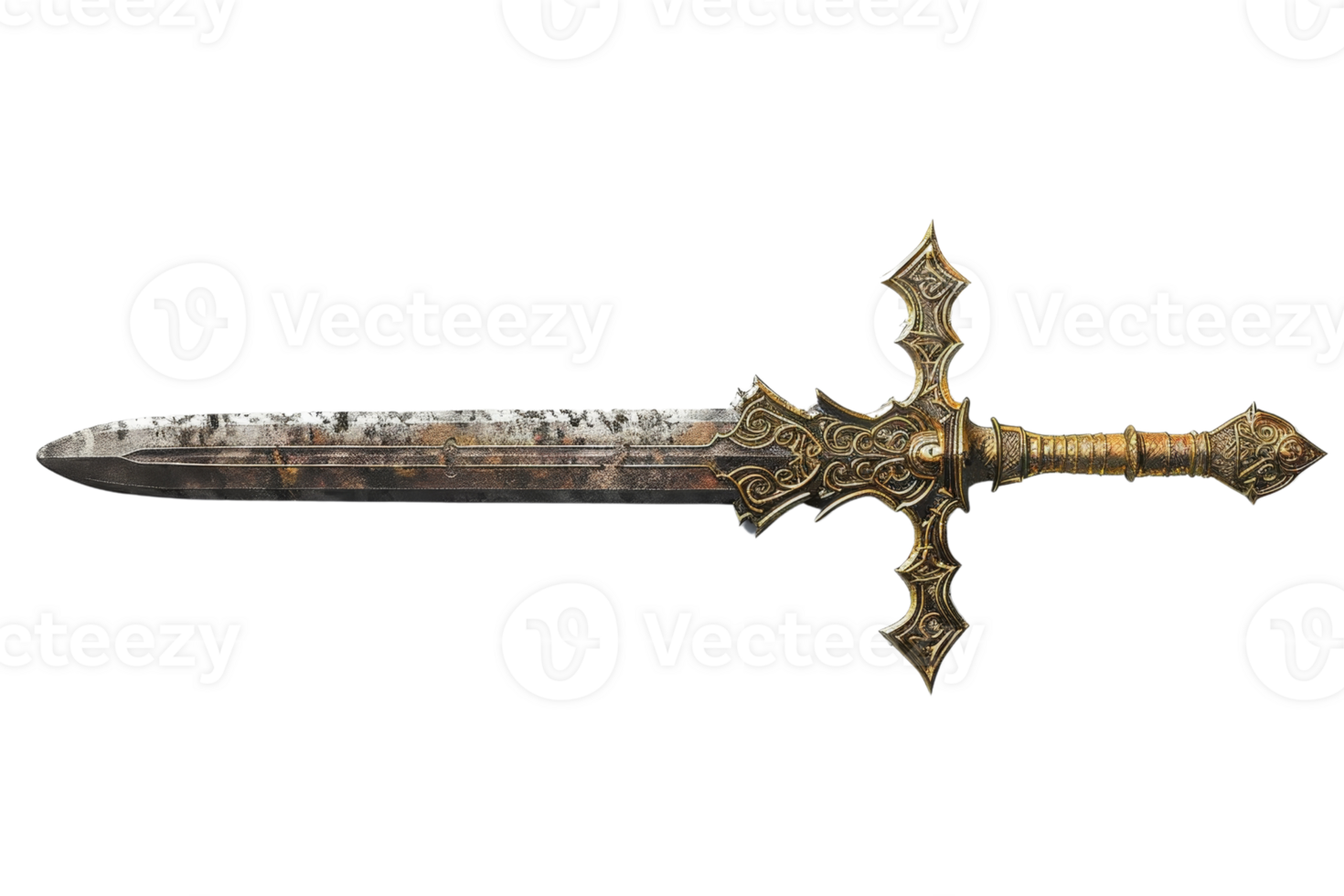 Intricately designed medieval sword with ornate details in the hilt and blade, showcasing exquisite craftsmanship and historical elegance. png