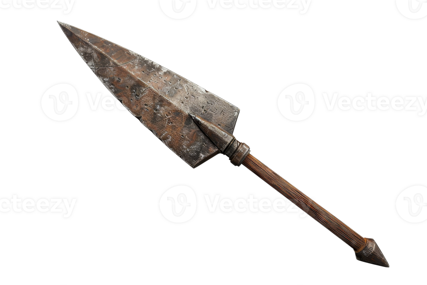 Close-up of a vintage, rusty spearhead with a wooden handle against a plain background. Ideal for historical or weaponry stock imagery. png