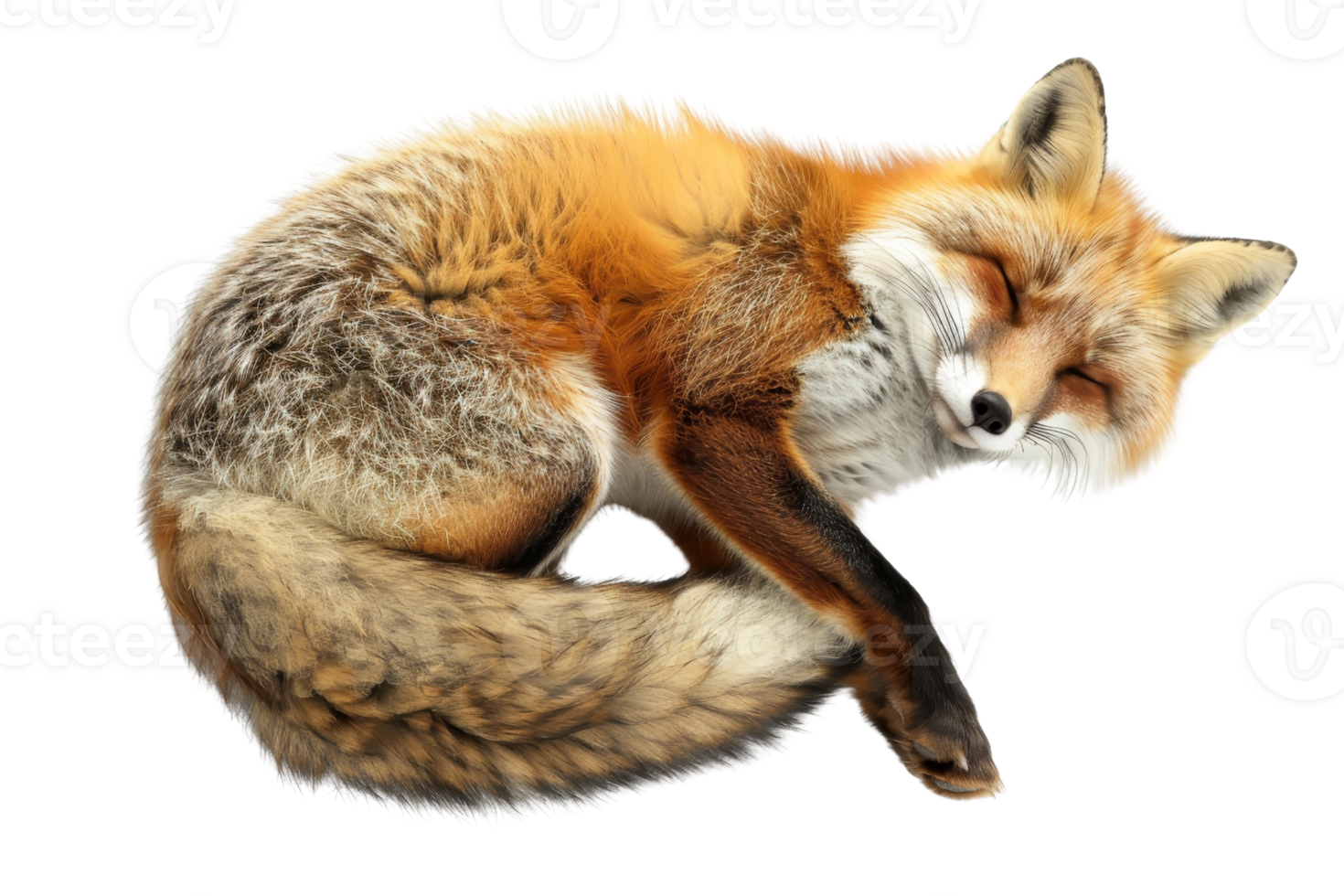 A serene red fox sleeping in a curled position, showcasing its beautiful fur and peaceful nature. Perfect for wildlife and animal-themed imagery. png
