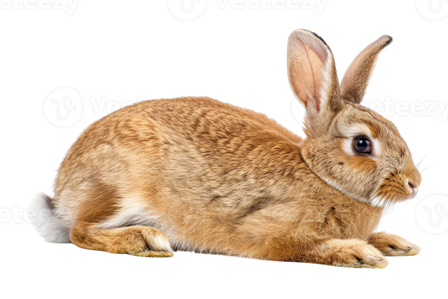 Close-up of a brown rabbit lying down against a transparent background. The rabbit appears calm and relaxed, with detailed fur and alert eyes. png